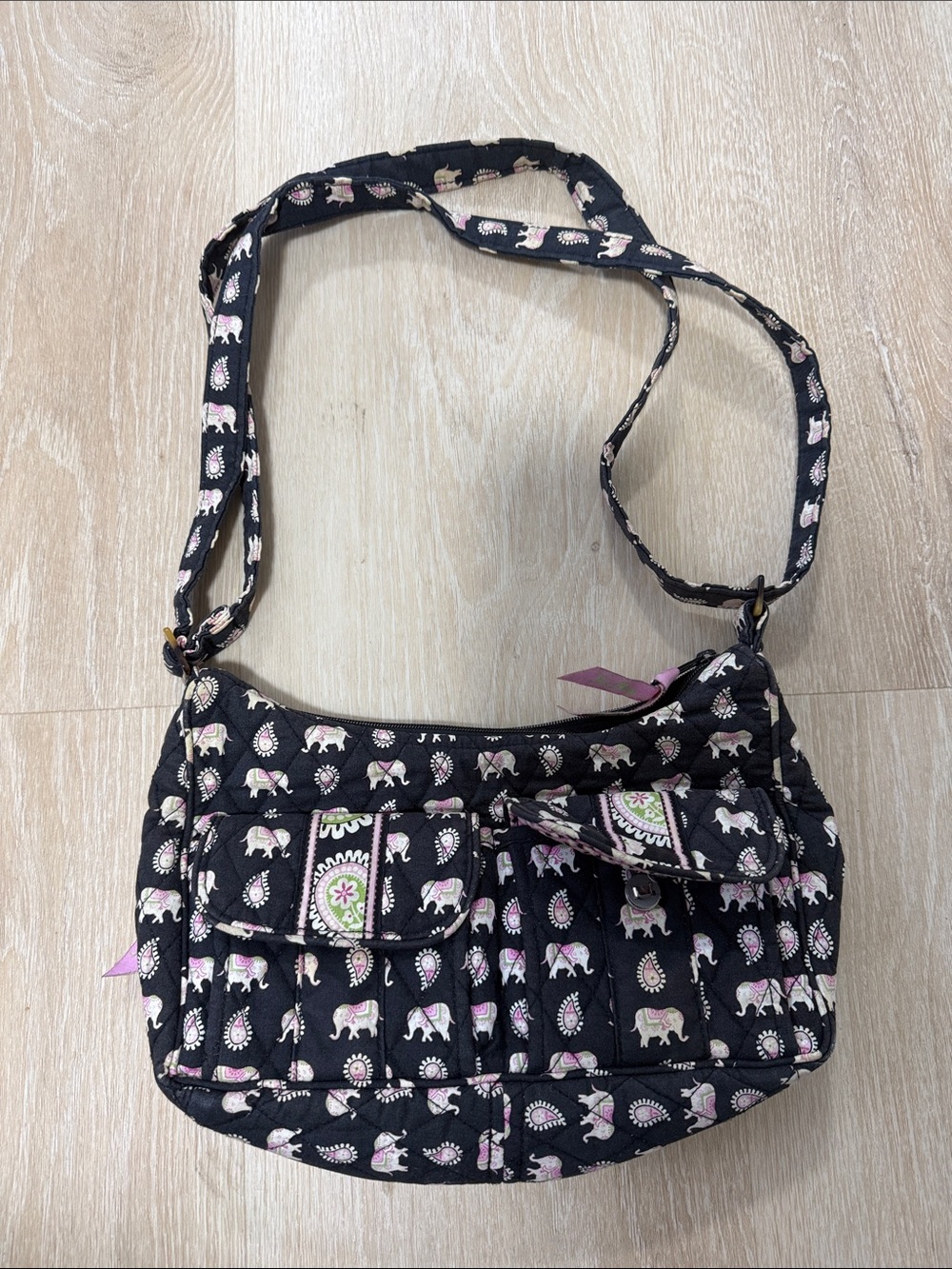 Vera Bradley Black Quilted Crossbody with Pink & Cream Elephant Print